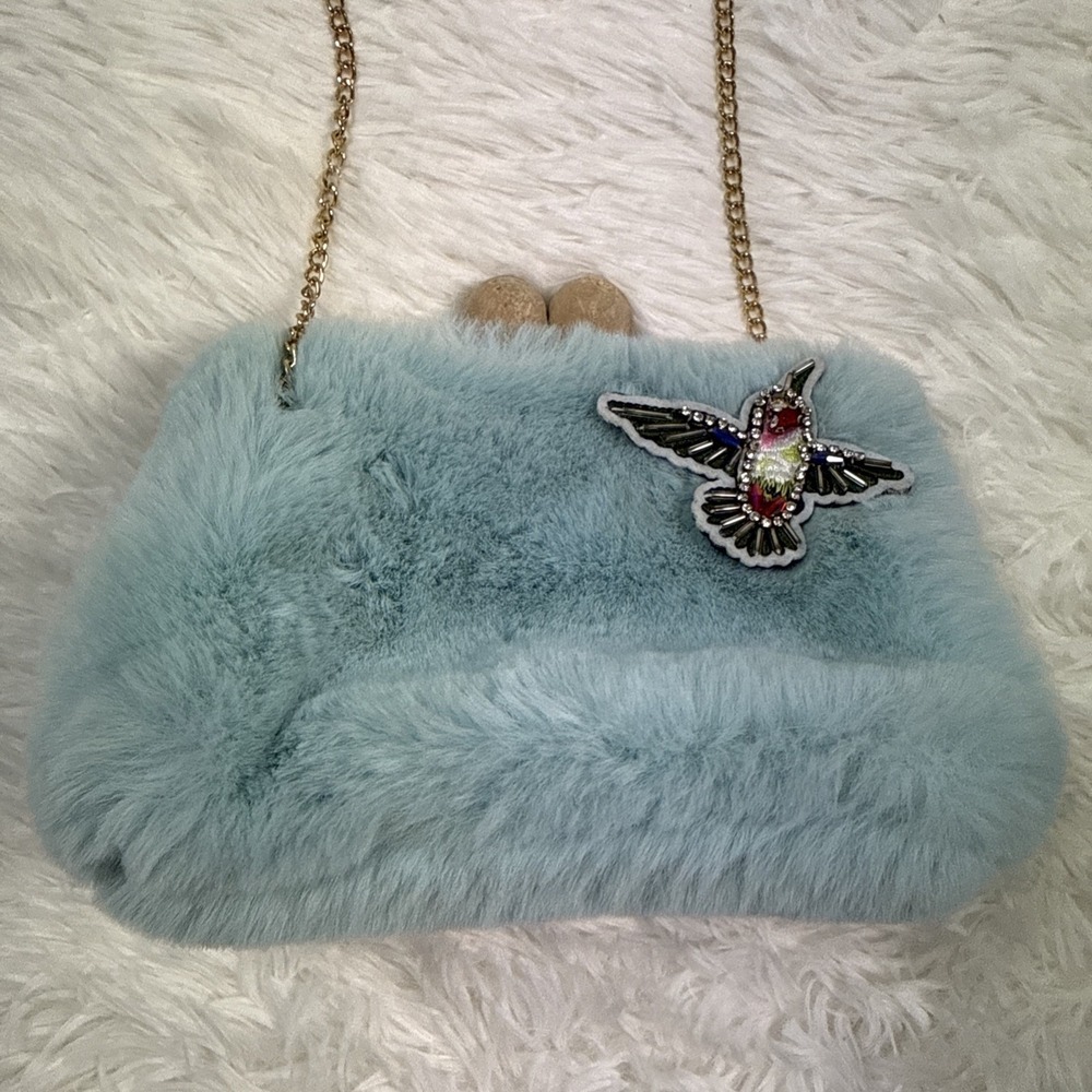 Vintage Blue Faux Fur Clamshell Handbag Bird Chain Strap Evening Purse - Picture 4 of 10